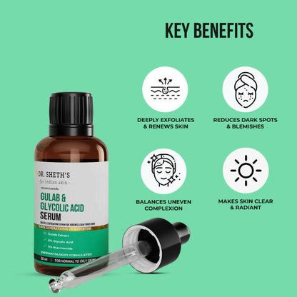 Dr. Sheth's Gulab & Glycolic Acid Face Serum with 5% Niacinamide, Skin Texture & Uneven Skin, For Normal to Oily Skin product packaging