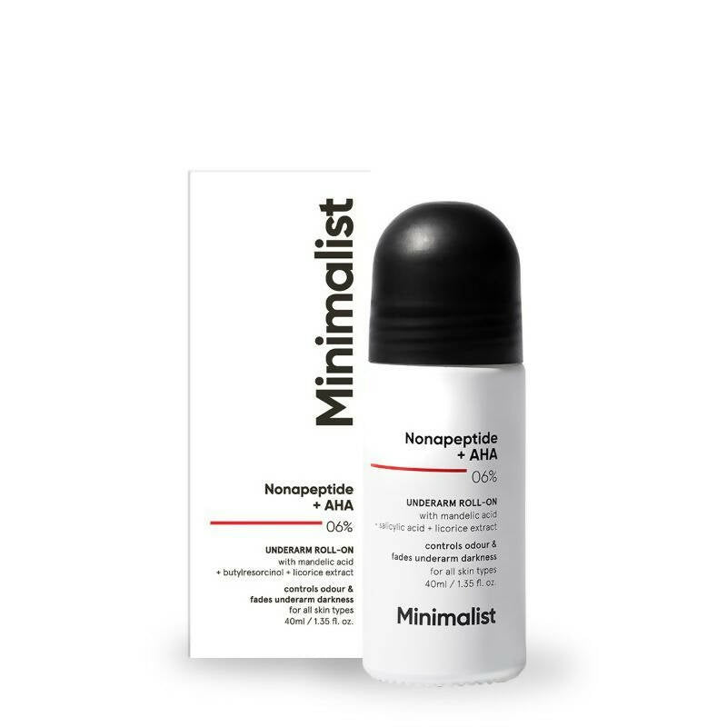 Minimalist Nonapeptide + AHA 06% Underarm Roll On tube and box