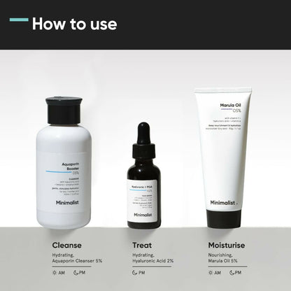 Minimalist Dry Skincare Kit - Face Wash, Moisturizer & Serum product packaging