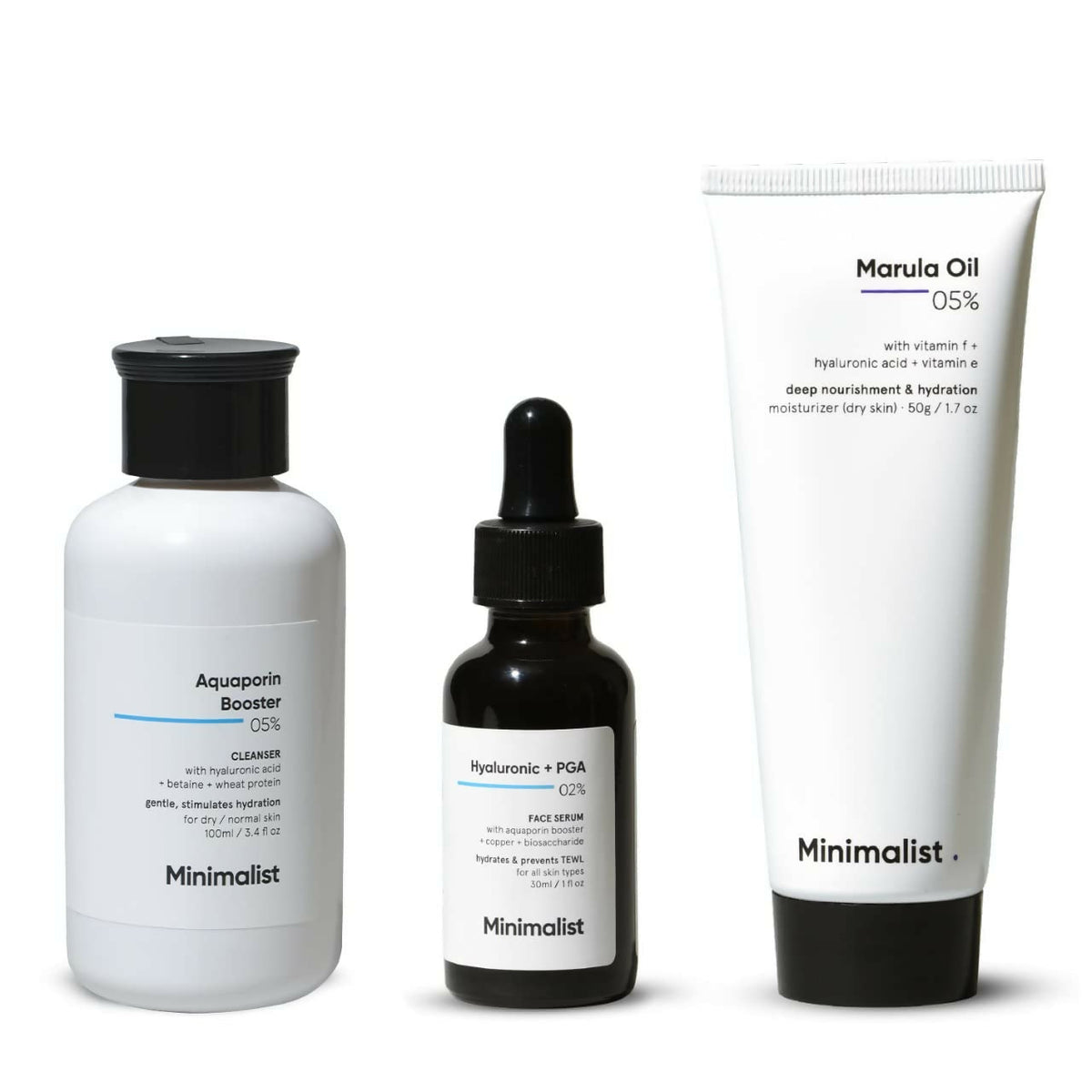 Minimalist Dry Skincare Kit - Face Wash, Moisturizer & Serum product packaging