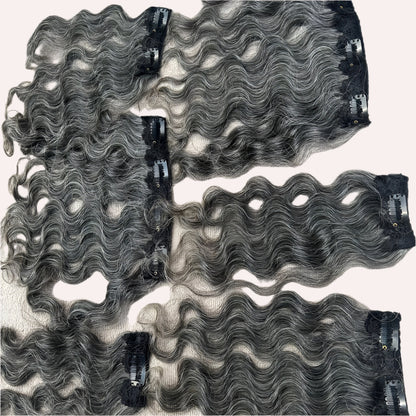 Clip In Raw Natural Grey Curly Hair Extensions