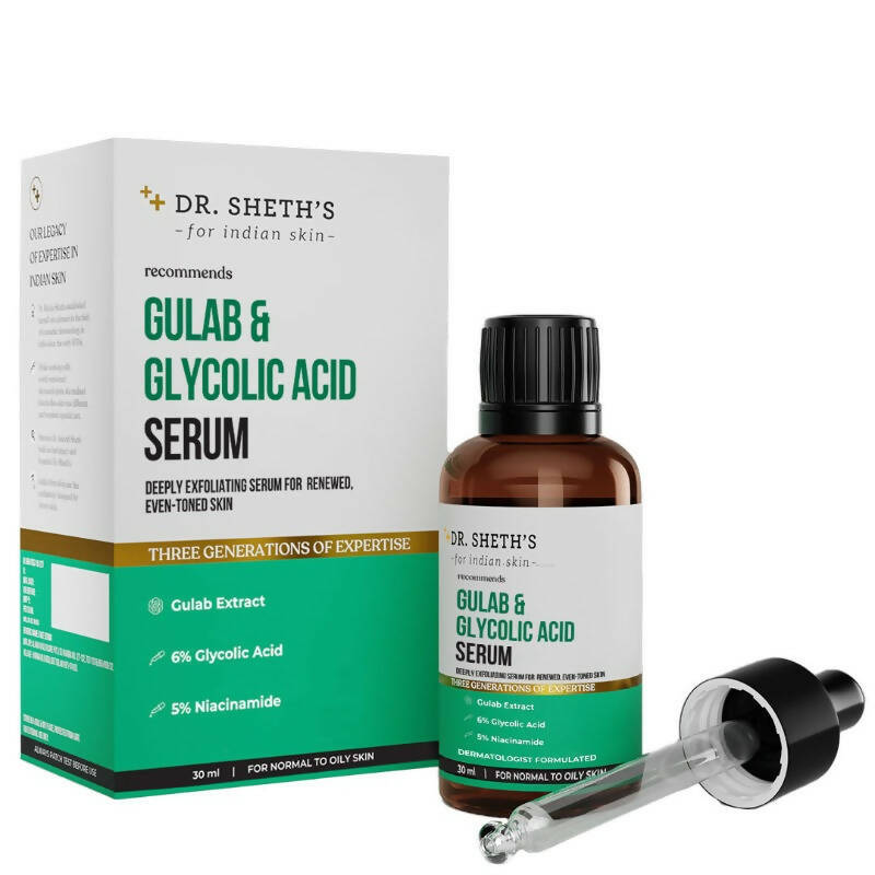 Dr. Sheth's Gulab & Glycolic Acid Face Serum with 5% Niacinamide, Skin Texture & Uneven Skin, For Normal to Oily Skin product packaging
