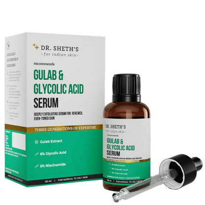 Dr. Sheth's Gulab & Glycolic Acid Face Serum with 5% Niacinamide, Skin Texture & Uneven Skin, For Normal to Oily Skin product packaging